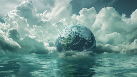 A partially submerged Earth with dramatic clouds, emphasizing climate change and rising seas.の素材