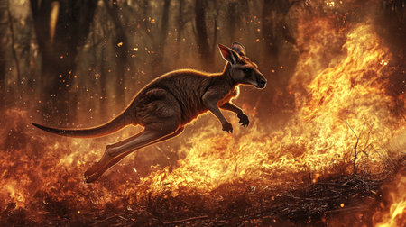 A kangaroo sprints away from flames in the forest, highlighting the effects of climate change and deforestationの素材