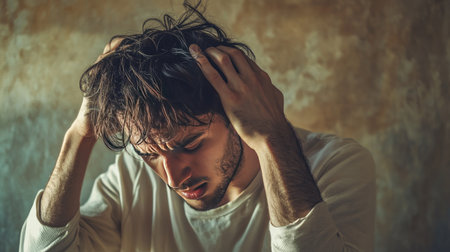 A man pulling his hair in frustration, symbolizing the stress and irritation of modern life.の素材