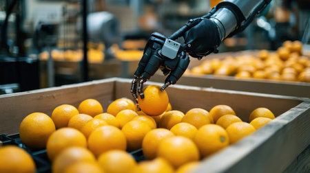 A robotic AI arm picks an orange from a wooden box in a high-tech factory line, showcasing advanced automation.の素材