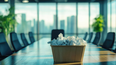 A trash bin overflowing with crumpled papers in an empty conference room, symbolizing inefficiency in business.の素材