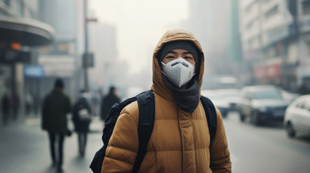 A person wearing a mask in a smog-filled city, emphasizing the issue of urban air pollution.の素材