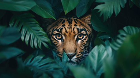 A majestic big cat peeks through lush rainforest foliage, symbolizing wildlife conservation on International Wildlife Day.の素材