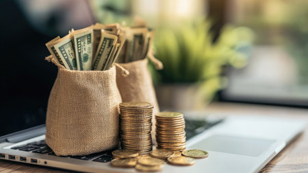 Bags of money and coins placed in front of a laptop, symbolizing the growth of digital financial investments in fintech.の素材