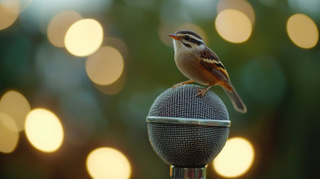 A small bird perches on a retro microphone, performing a melodious song, representing a music contest vibe.の素材