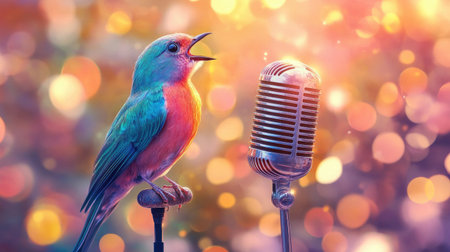A vibrant bird sings into a classic microphone, evoking a whimsical music festival stage performance.の素材