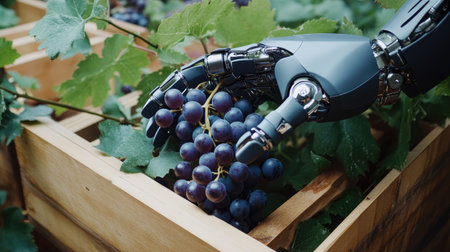 AI robotic hand picking grapes from a wooden box in a paper cut style, highlighting modern automation techniques.の素材