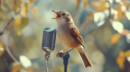 A singing bird with a retro mic, blending nature with music, perfect for a festival or talent show concept.の素材