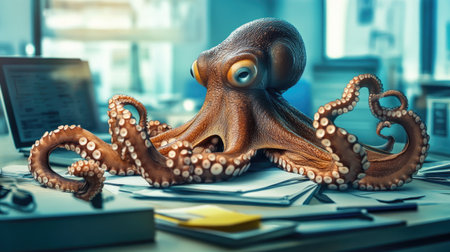 An octopus using its tentacles to manage office duties, highlighting multitasking in the workplace.の素材