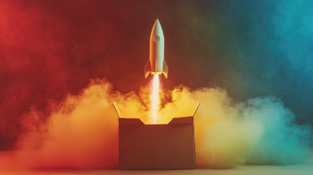 A rocket bursts out of a cardboard box, trailing rainbow smoke, symbolizing imaginative ideas taking flight.の素材