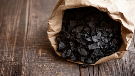 Biochar in packaging: A paper bag filled with biochar, demonstrating its potential as a sustainable and biodegradable packaging material.の素材
