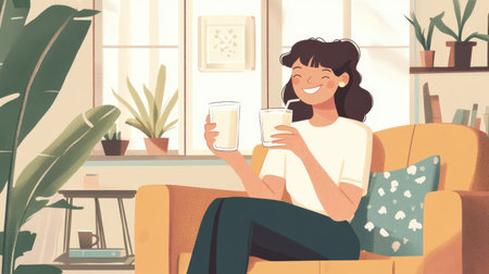 Smiling girl sitting in a cozy living room, holding a glass of milk and enjoying a healthy drink, with warm home decor in the background.の素材