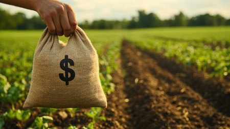 Agricultural funding: A hand holding a money bag with a dollar sign in a farm field, symbolizing the availability of financial resources for agricultureの素材