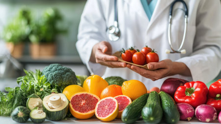 Health and nutrition: A doctor examining fresh fruits and vegetables, illustrating the connection between food, health, and well-being.の素材