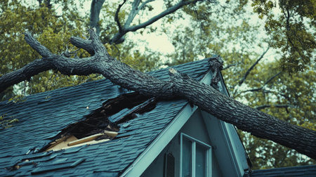 Storm damage: A fallen tree, resting on the roof of a house, symbolizing the destruction caused by a natural disaster.の素材
