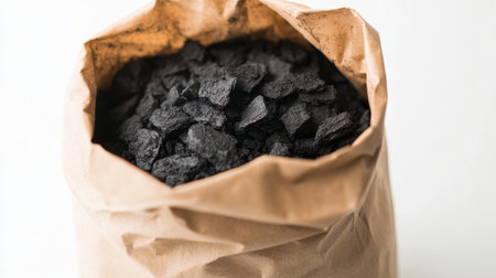 Green packaging: A paper bag filled with biochar, showcasing a sustainable and environmentally friendly alternative to traditional packaging materials.の素材