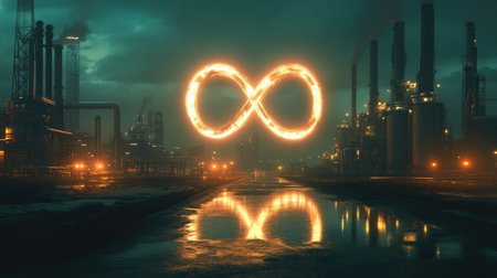 Renewable energy: A glowing infinity symbol over an industrial landscape, showcasing the potential of renewable energy for a sustainable future.の素材
