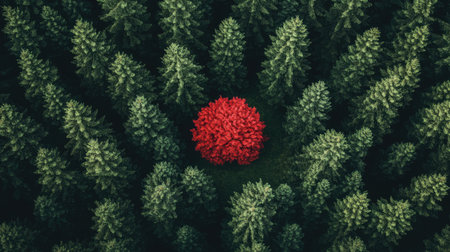Individuality: An aerial view of a single red tree standing out among green trees, showcasing the importance of being unique and standing out from the crowd.の素材