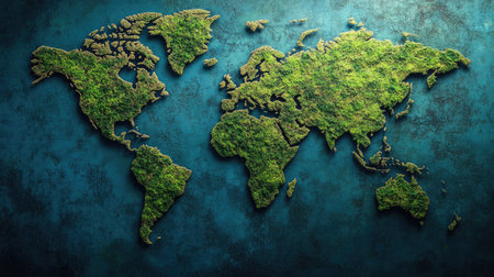 A mossy, green world map on a blue background, representing the intersection of technology and nature.の素材
