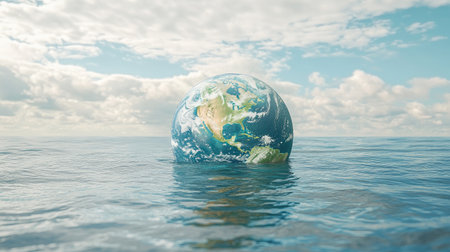 A globe sinking in ocean water, representing the impact of sea level rise on the planetの素材