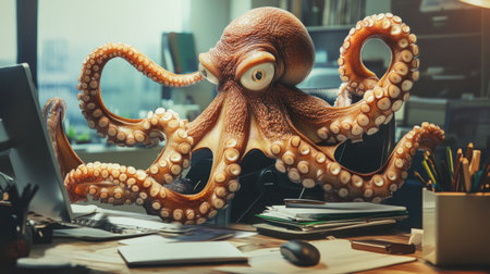 An octopus using its tentacles to manage office duties, highlighting multitasking in the workplace.の素材