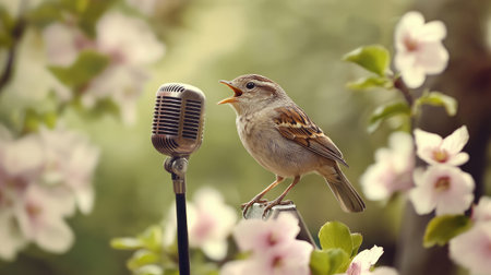 A singing bird with a retro mic, blending nature with music, perfect for a festival or talent show concept.の素材