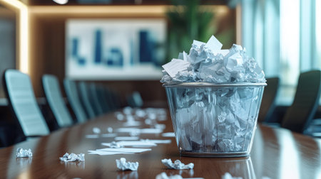 A trash bin overflowing with crumpled papers in an empty conference room, symbolizing inefficiency in business.の素材
