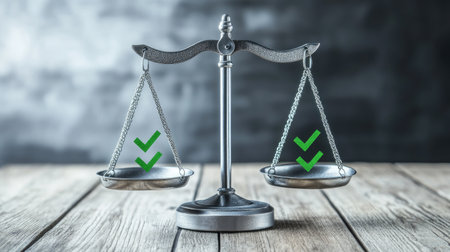 Balanced scales with green check marks, symbolizing fairness, equality, and impartial judgment.の素材