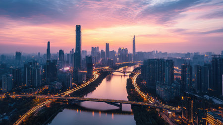Bridge and cityscape at dusk, symbolizing the importance of infrastructure safety in times of war.の素材