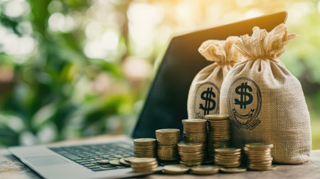 Coins and bags of cash next to a laptop, symbolizing digital investment and financial growth in fintech.の素材