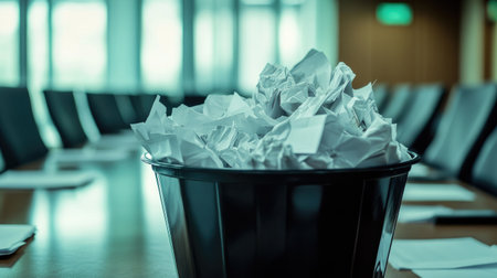 Crumpled papers fill a trash bin in a quiet boardroom, symbolizing failure in planning and business inefficiency.の素材