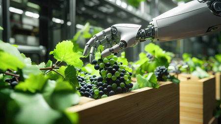 Paper cut style robot hand picking grapes from a wooden box in a high-tech factory setting, symbolizing precision.の素材