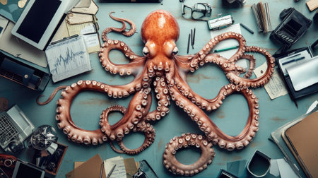 Octopus managing various office items with its tentacles, representing multitasking at workの素材