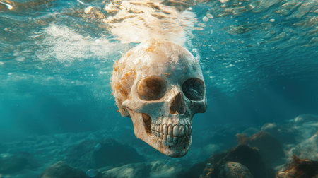 Skull submerged in plastic-filled ocean, symbolizing the destructive impact of pollution on marine ecosystems.の素材