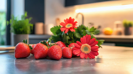 Strawberries and red flowers arranged on a countertop in a green-themed kitchen, representing freshness.の素材