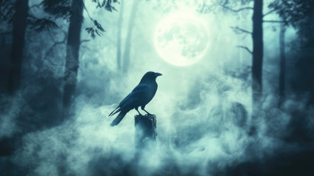A crow silhouette appears through swirling smoke in a spooky forest, with the full moon shining above.の素材