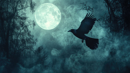 A black crow flying through smoke in a haunted forest, with the full moon casting an ominous glow.の素材