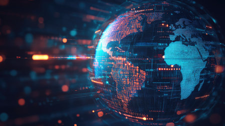 A digital globe, layered with encryption and secure data transfers, symbolizing global cybersecurity protections.の素材