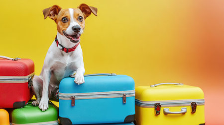A joyful dog sitting among colorful luggage, embodying the fun of a pet on a vacation adventure.の素材