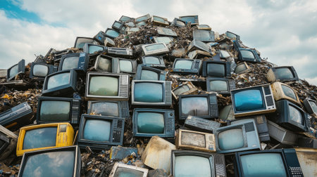 A mountain of old TVs in a landfill, highlighting the problem of electronic waste and disposal.の素材