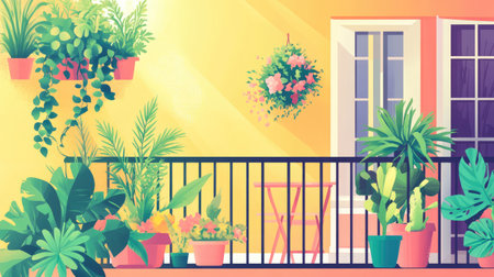 A sunny balcony garden with potted plants, rendered in flat design and vibrant triadic colors.の素材