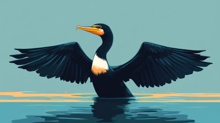Cartoon-style cormorant sunbathing with wings outstretched, using a complementary color scheme.の素材