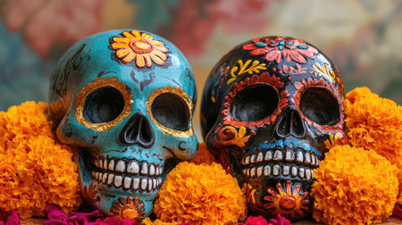 Day of the Dead celebration with traditional sugar skulls and marigold flowers, honoring ancestors in a festive setting.の素材