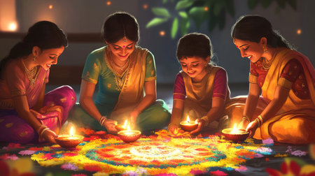 Diwali celebration scene with family members lighting oil lamps, making Rangoli, and praying in a vibrant setting.の素材