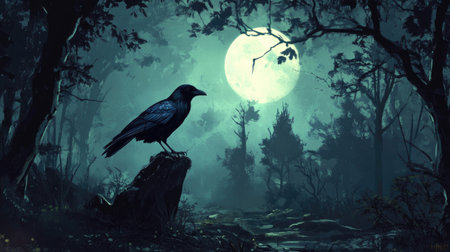 Dark forest with a crow emerging from smoky shadows, set under the eerie glow of a full moon.の素材