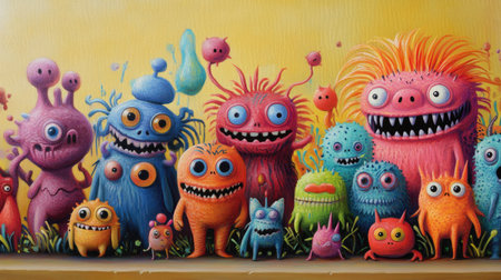 Friendly little monsters in bright colors, creating an imaginative, fun-filled world of childhood wonder.の素材