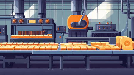 Front view of a bakery's production line for sliced bread, large machines depicted in a cartoon drawing style.の素材