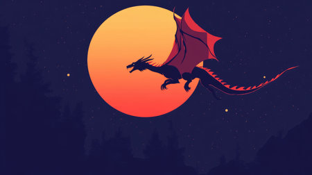 Flat design of a dragon in mid-flight under a full moon, using a complementary color scheme for dramatic effect.の素材