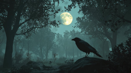 Dark forest with a crow emerging from smoky shadows, set under the eerie glow of a full moon.の素材