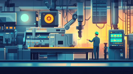 Flat design of a worker monitoring an automated production process in a factory, rendered with a 3D tetradic color scheme.の素材